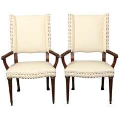 Antique pair white leather and nailhead arm chairs