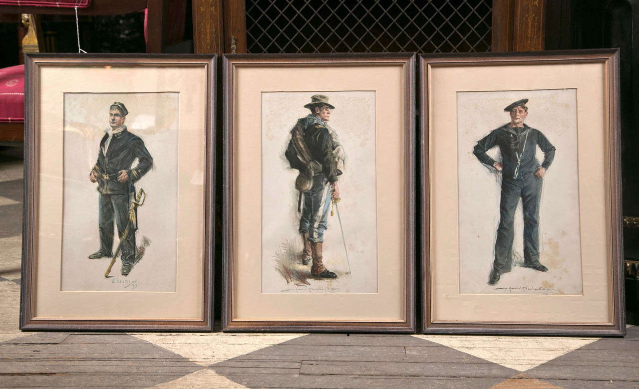 Howard Christy, (1872-1952) was a well known American illustrator who designed posters for the  US war efforts. These  prints depict  3 different American military men.  One is dated '98. All are signed in the print.  Pale buff paper.