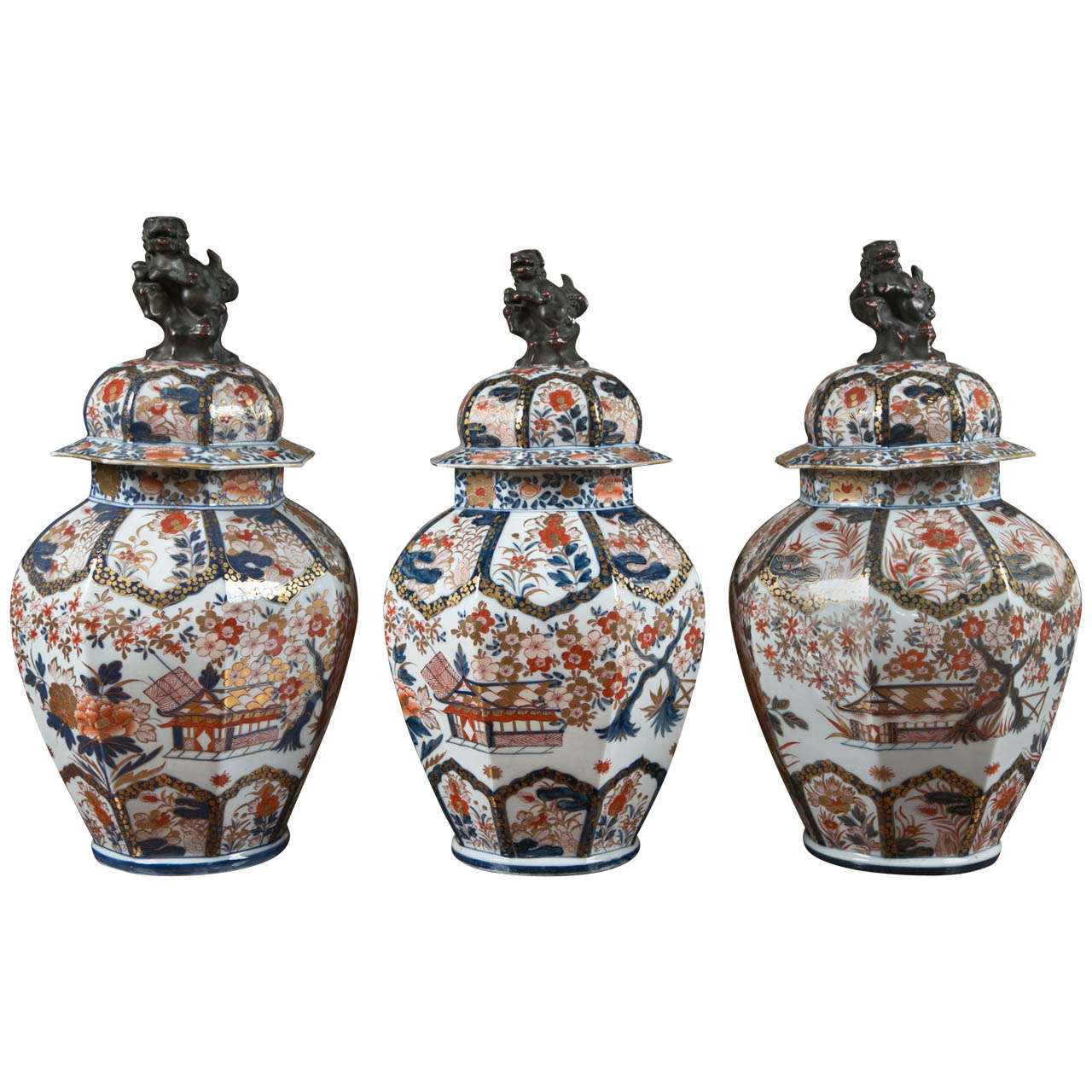 Set of Three Imari Urns with Lids