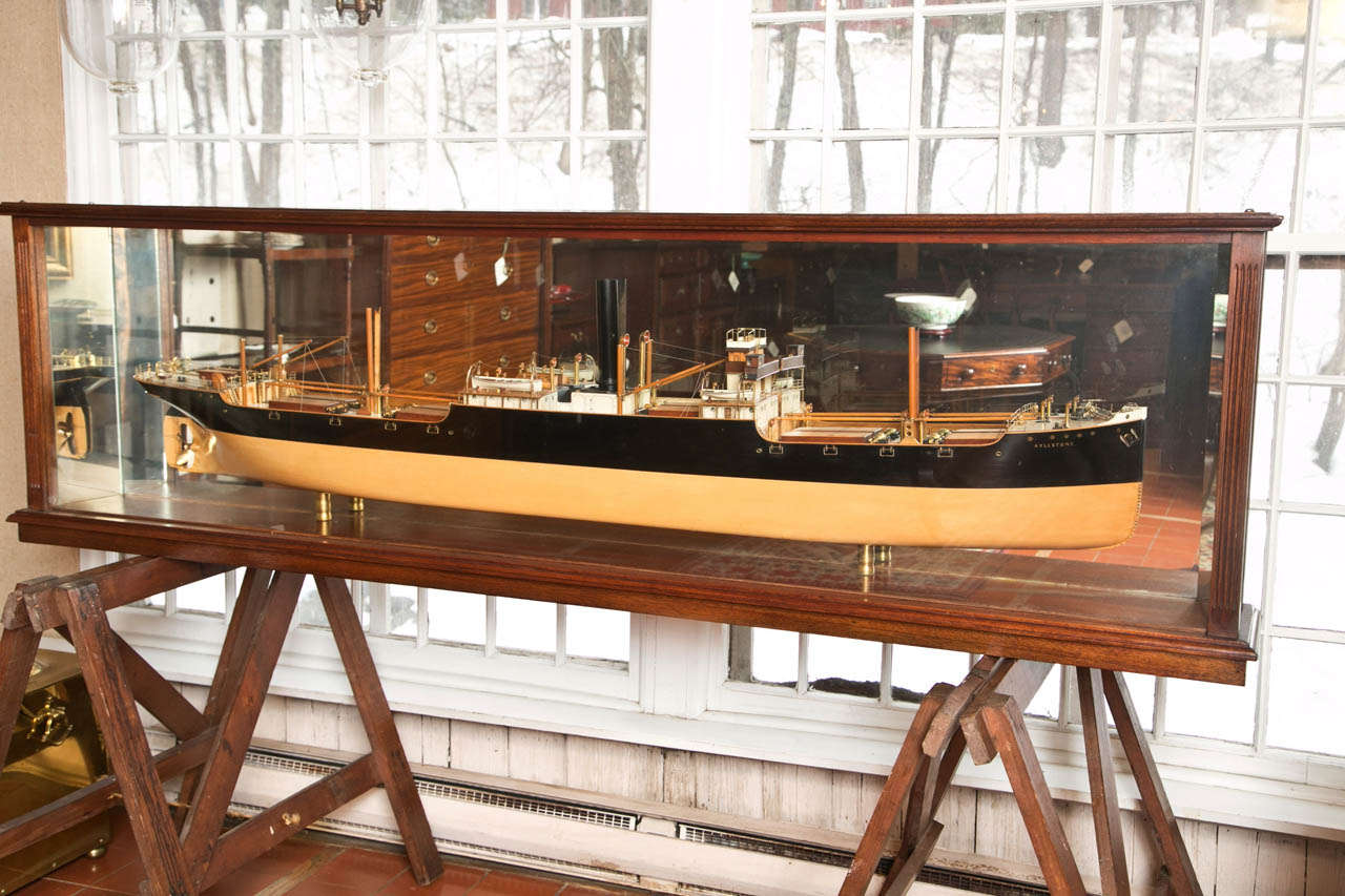 Created by master model builder, J. Blumer, for the Aylestone Shipping Co, Ltd, this half model of the S.S. Ayelstone is housed in a custom case with mirrored back. The scale is perfect as it had to be and the quality of Blumer’s work is immediately