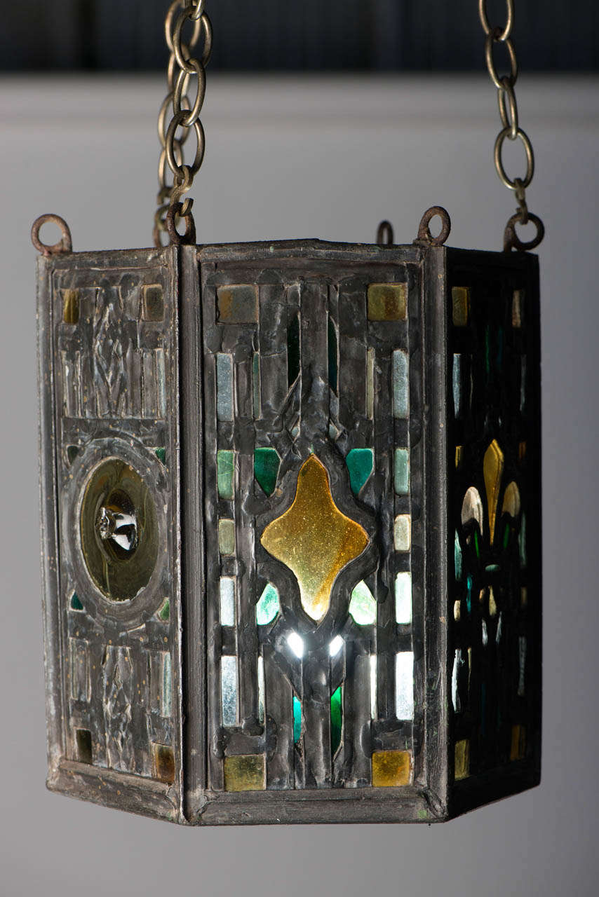Very decorative lead lantern with good stained glass
