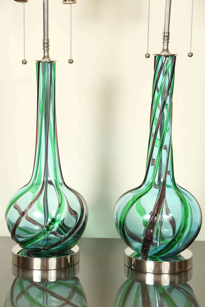 Italian Pair of Murano Ribbon Swirl Glass Lamps