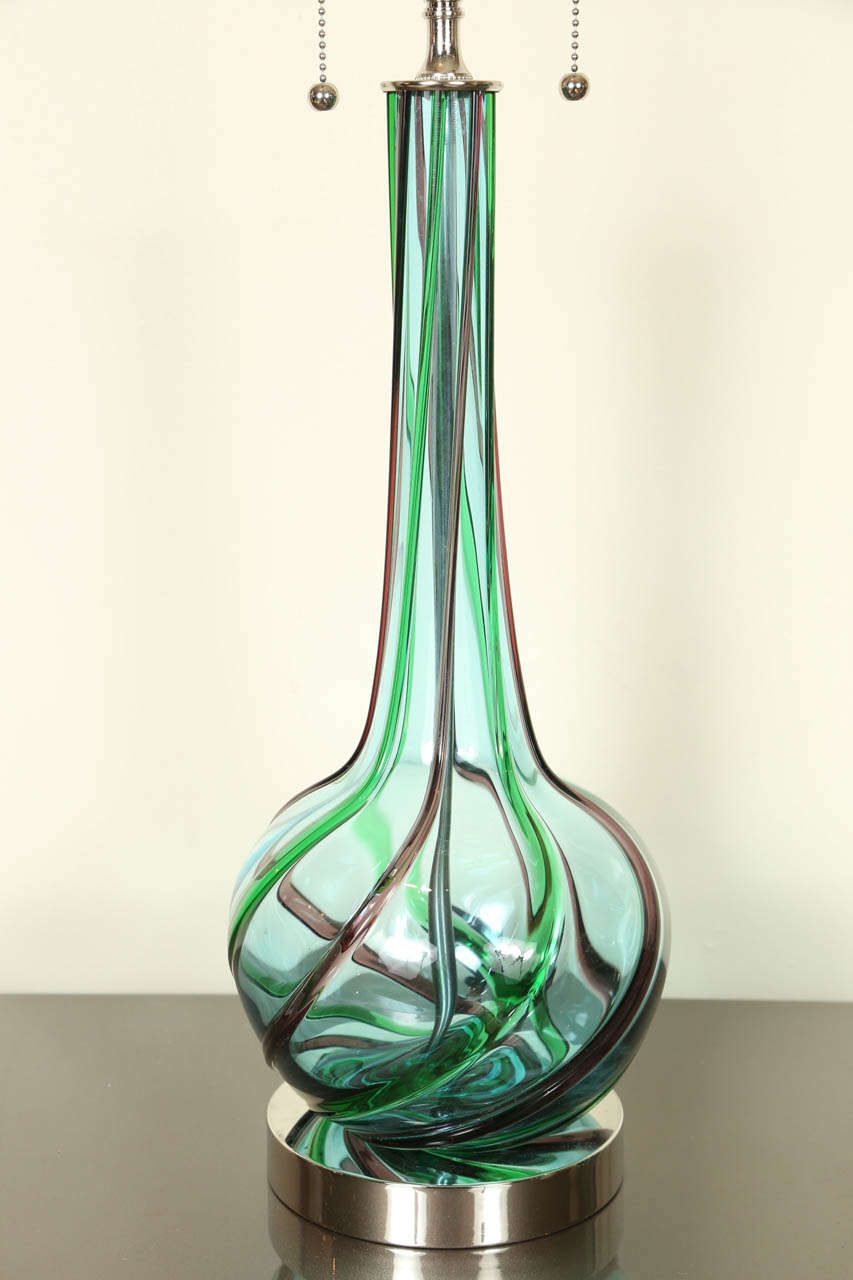 Mid-20th Century Pair of Murano Ribbon Swirl Glass Lamps