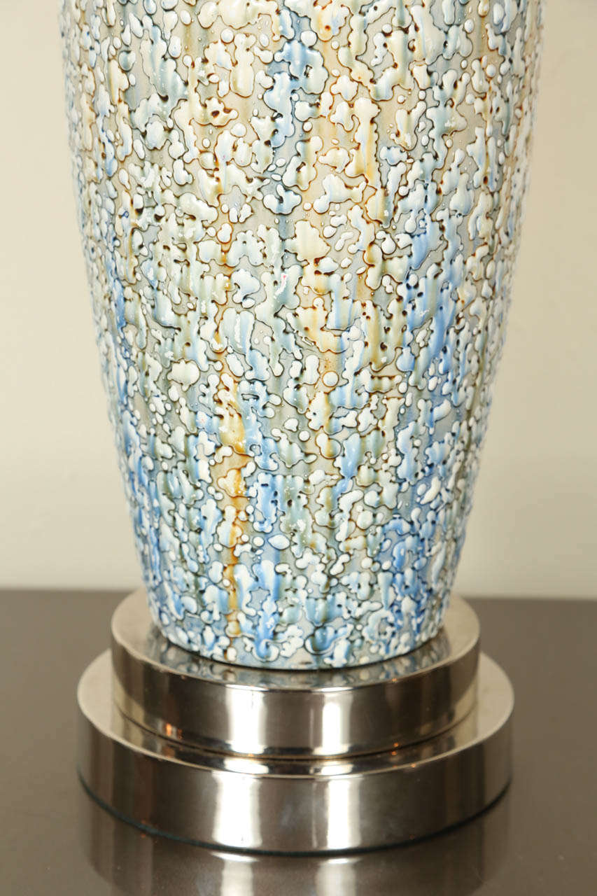 Lovely Pair of Ceramic Lamps with a Textured Multicolored Volcanic Glaze 4