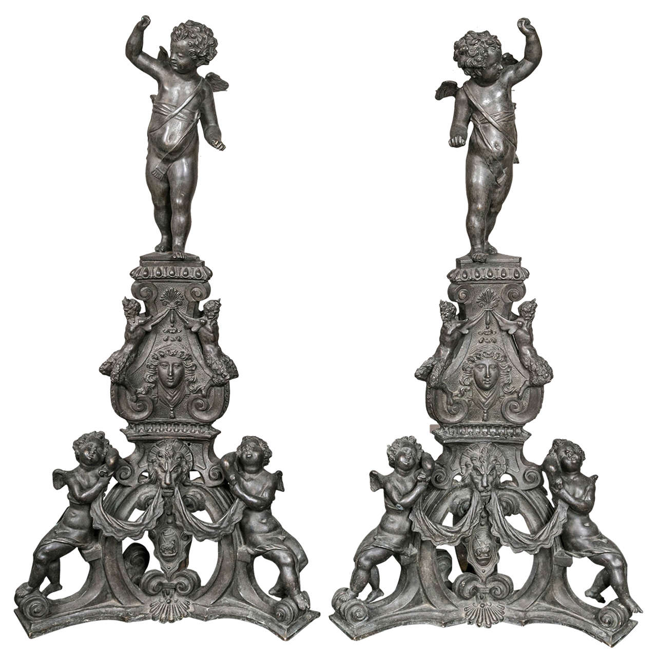 Monumental Pair of French Bronze Andirons