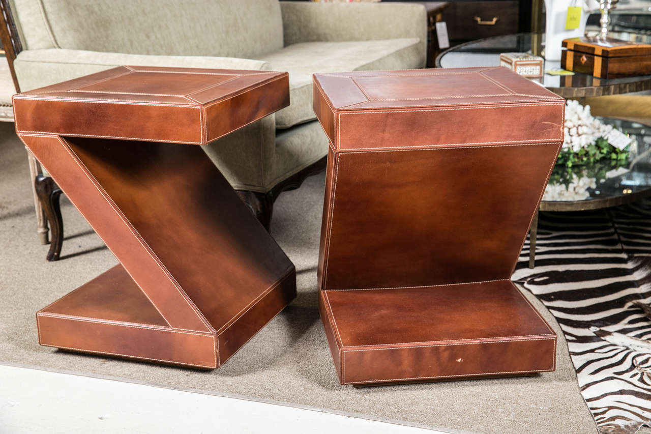Pr. Leather Side Tables In Excellent Condition In Stamford, CT