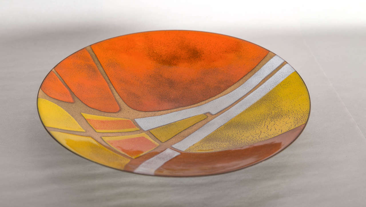 Presented by funky finders for your review is this limited edition artisan copper plate featuring bold yellow and orange hand-painted enamel. it is signed on the back. the size and colors make it a noteworthy vintage work of art.