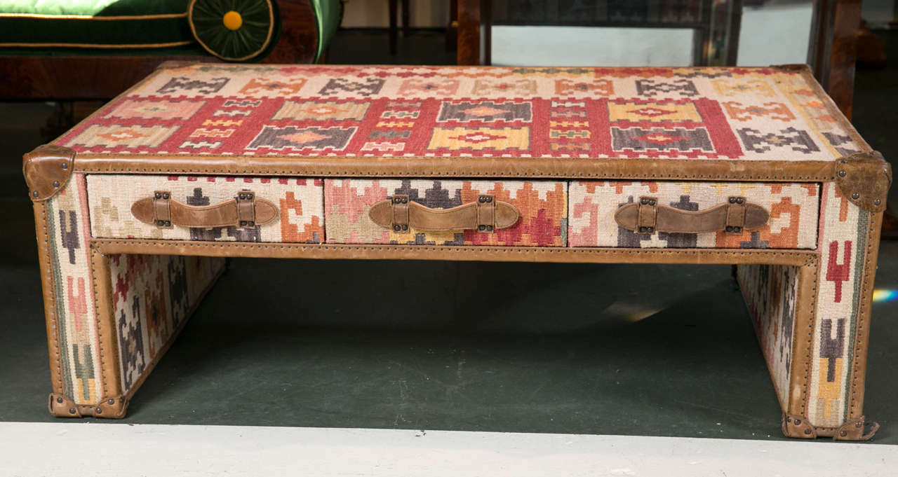 Kilim and leather trunk style coffee table with three drawers