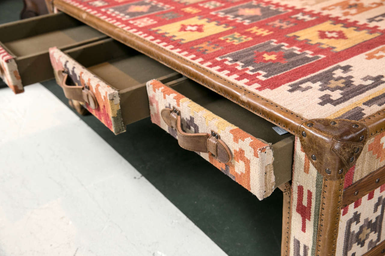 Kilim and Leather Trunk Style Coffee Table In Good Condition In Stamford, CT