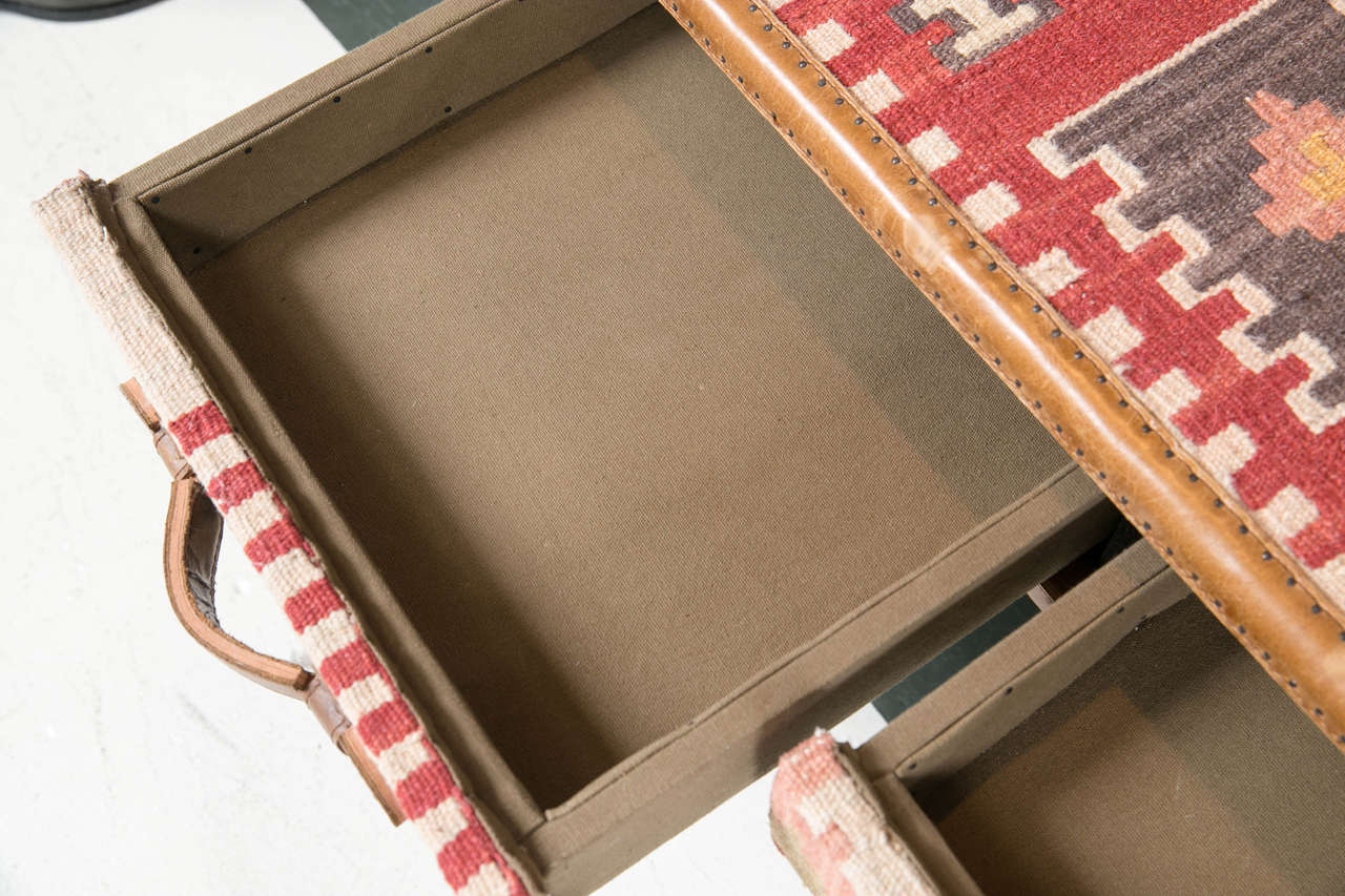 Mid-20th Century Kilim and Leather Trunk Style Coffee Table