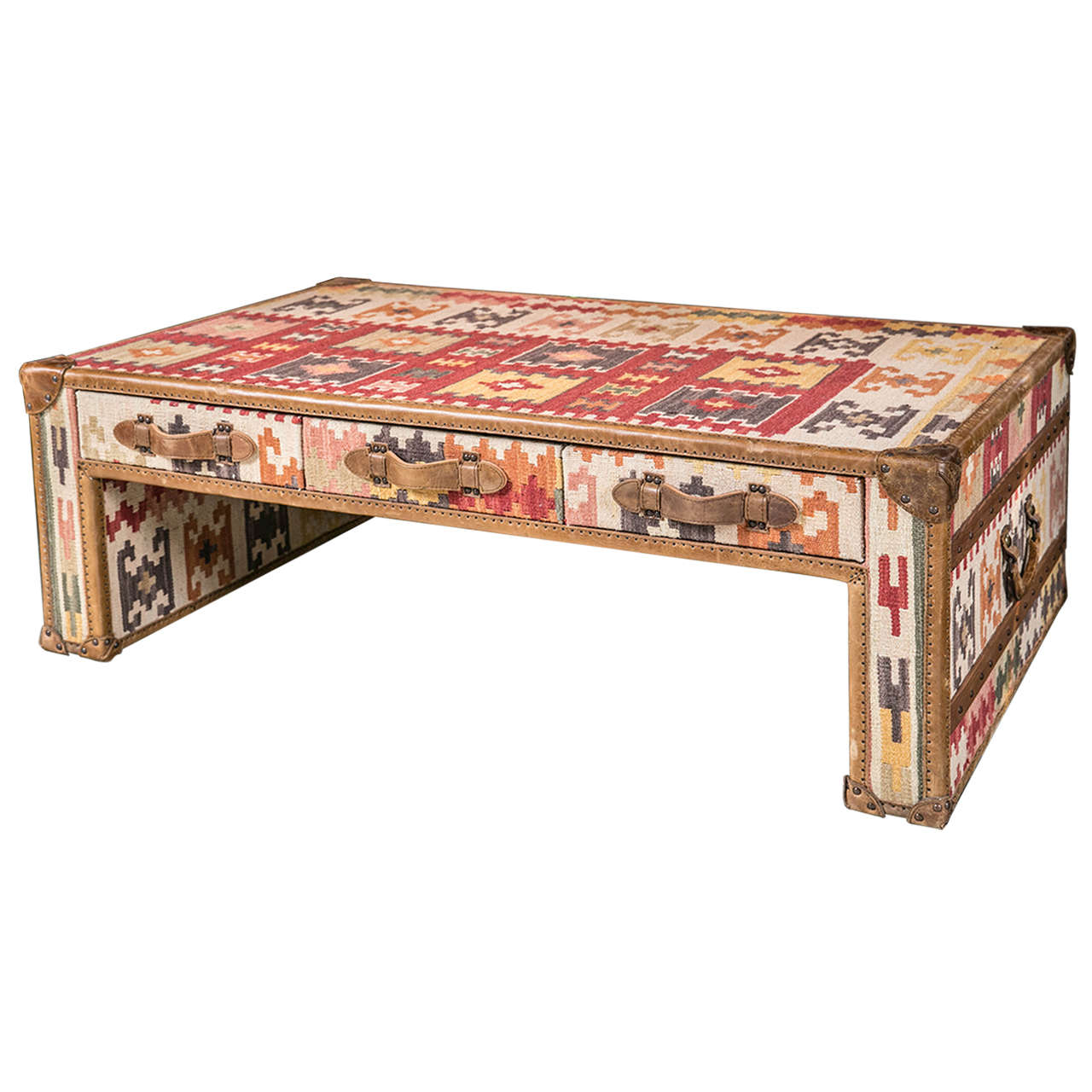 Kilim and Leather Trunk Style Coffee Table