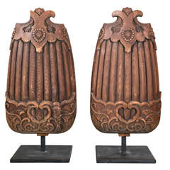Pair of Antique Carved Wood Temple Ornaments