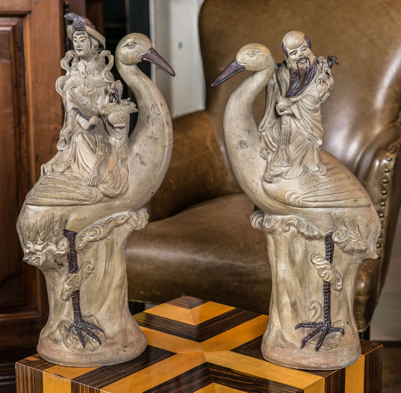 Pair of Chinese Terracotta Figures on Storks