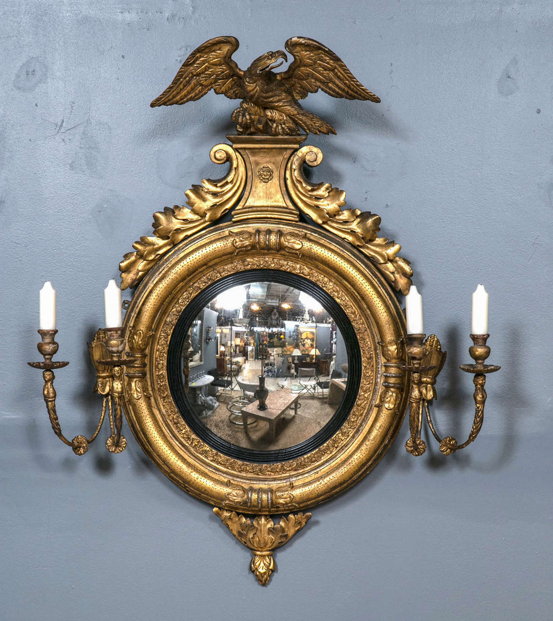 Fine Federal Convex Mirror with Girandola Candles Arms, American