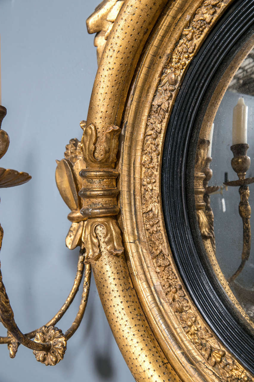 Early 19th Century Fine Federal Convex Mirror with Girandola Candles Arms