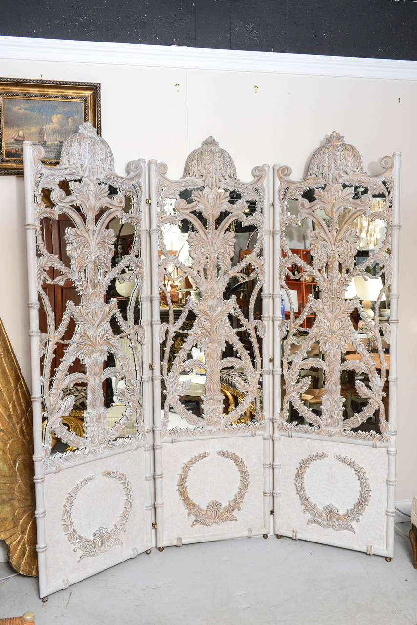 Mid-Century Hollywood Regency three panels mirrored screen attributed to Old Maitland Smith.