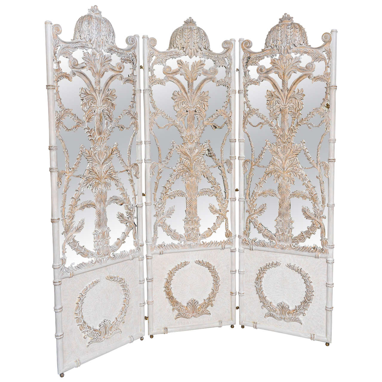 Mid-Century Hollywood Regency Three Panels Mirrored Hand-Painted Wood Screen