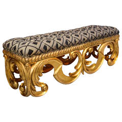 Hollywood Regency Gilded Wood Bench with Tufted Upholstery