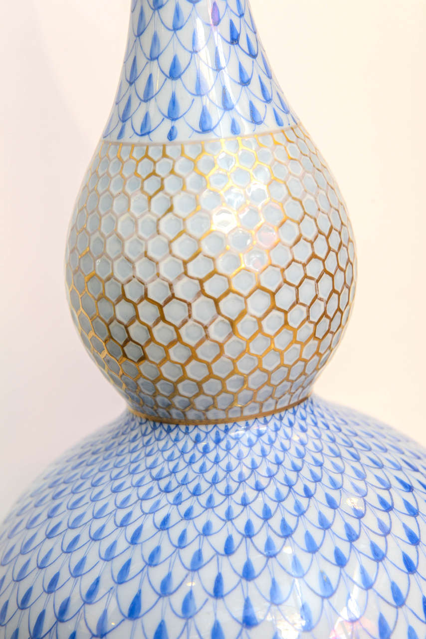 Pair of Herend Lamps Hand-Painted in Blue Fishnet Design 2