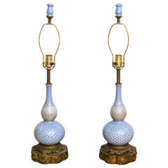 Pair of Herend Lamps Hand-Painted in Blue Fishnet Design