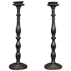Pair of Large-Scale Ebonized Turned Oak Pricket Sticks, English, circa 1880