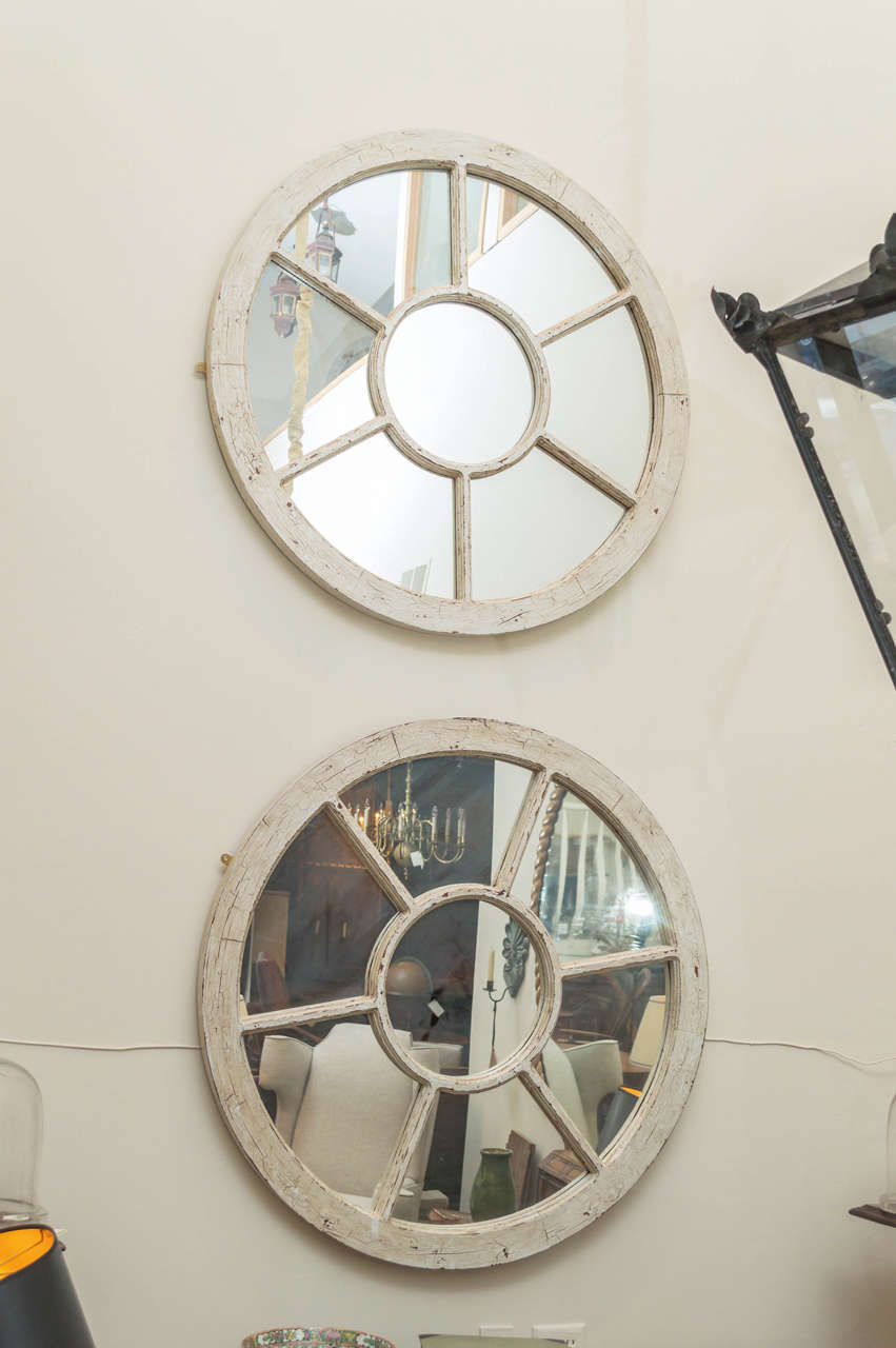 Pair of Round White Painted Window Frames mounted as mirrors, English circa 1890