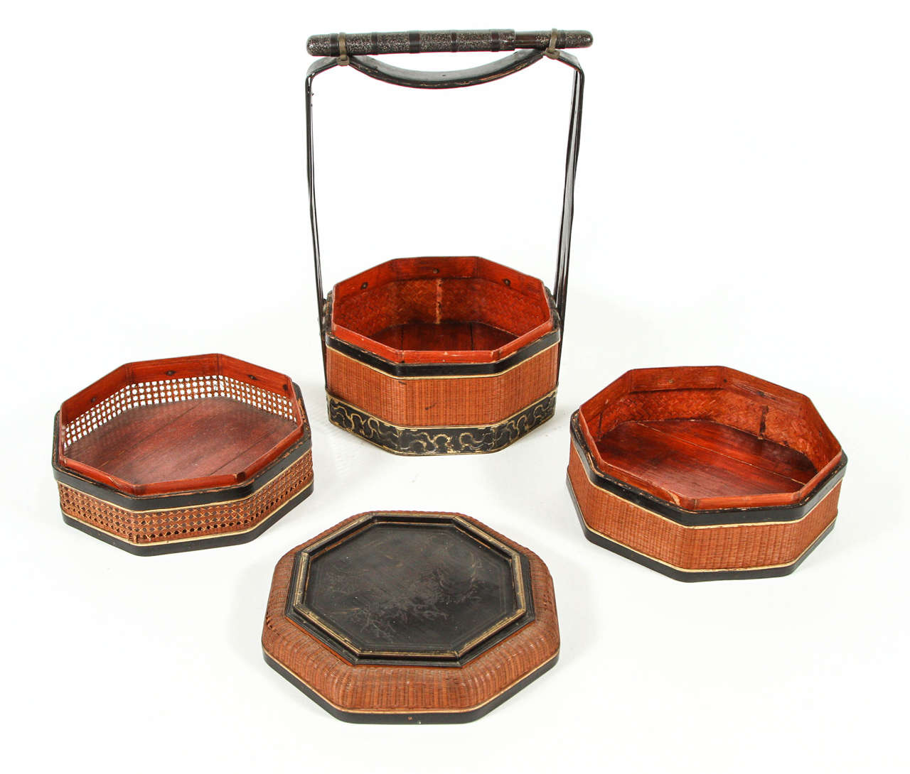 19th Century Chinese Lacquer and Woven Rattan Stacking Basket, circa 1880