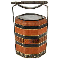 Antique Chinese Lacquer and Woven Rattan Stacking Basket, circa 1880