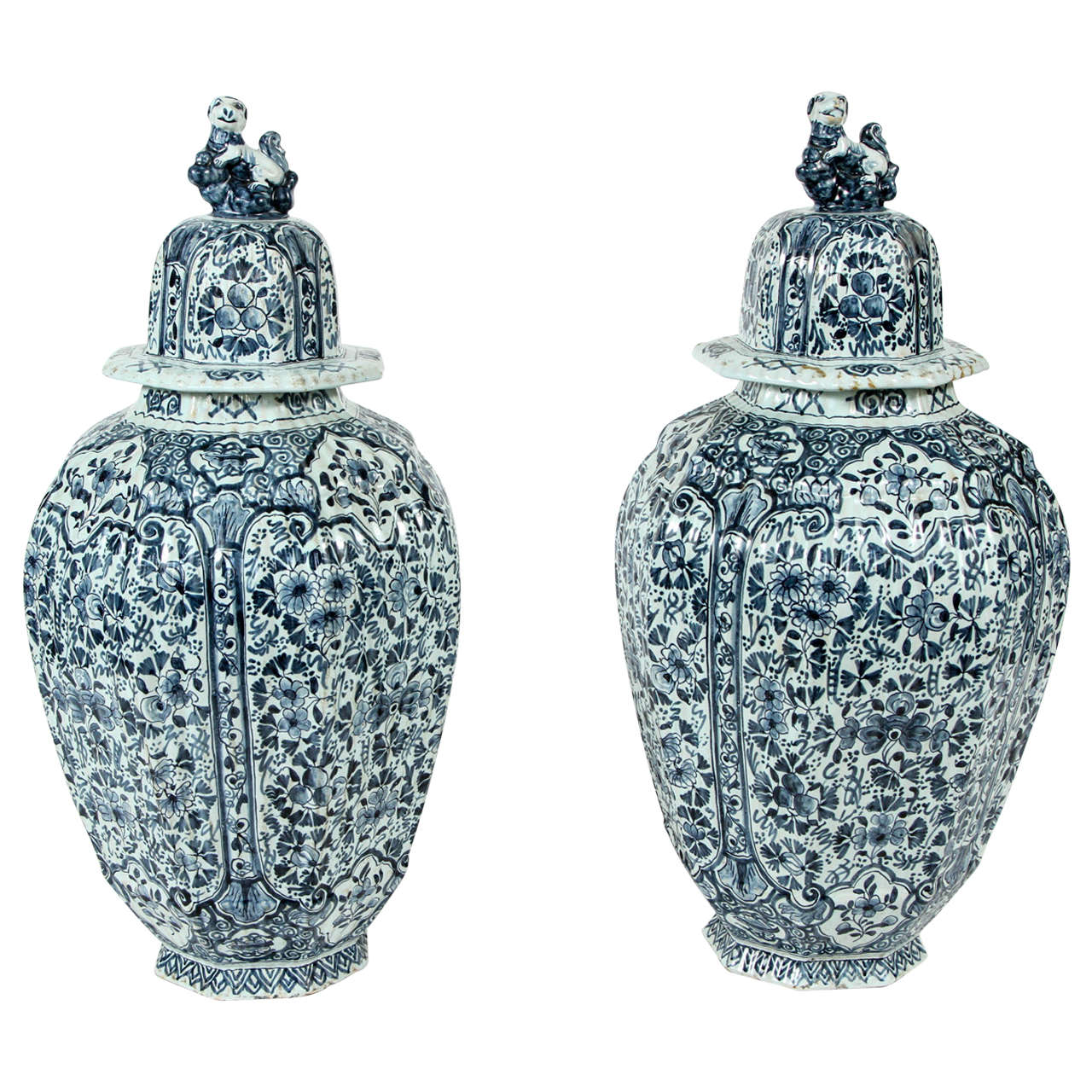 Pair of Large Delft Blue and White Ginger Jars and Covers, circa 1800