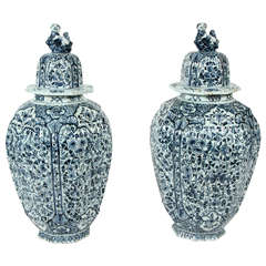 Pair of Large Delft Blue and White Ginger Jars and Covers, circa 1800