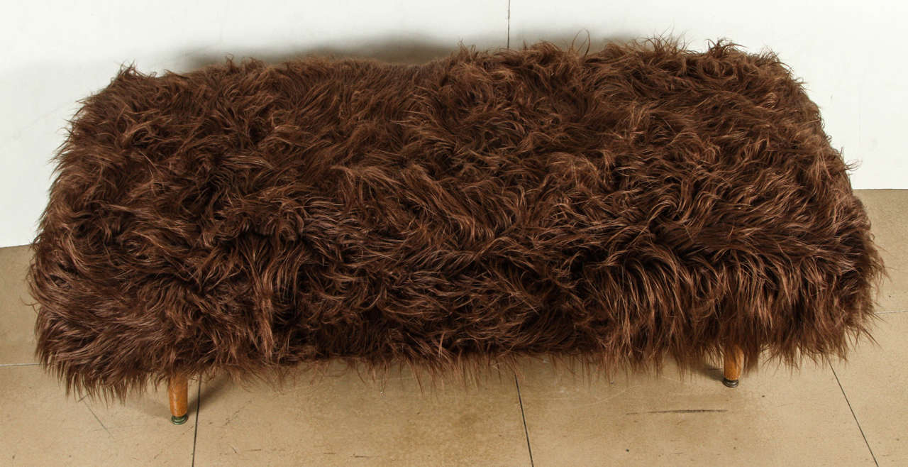 Carved Mid-Century Faux Fur Bench