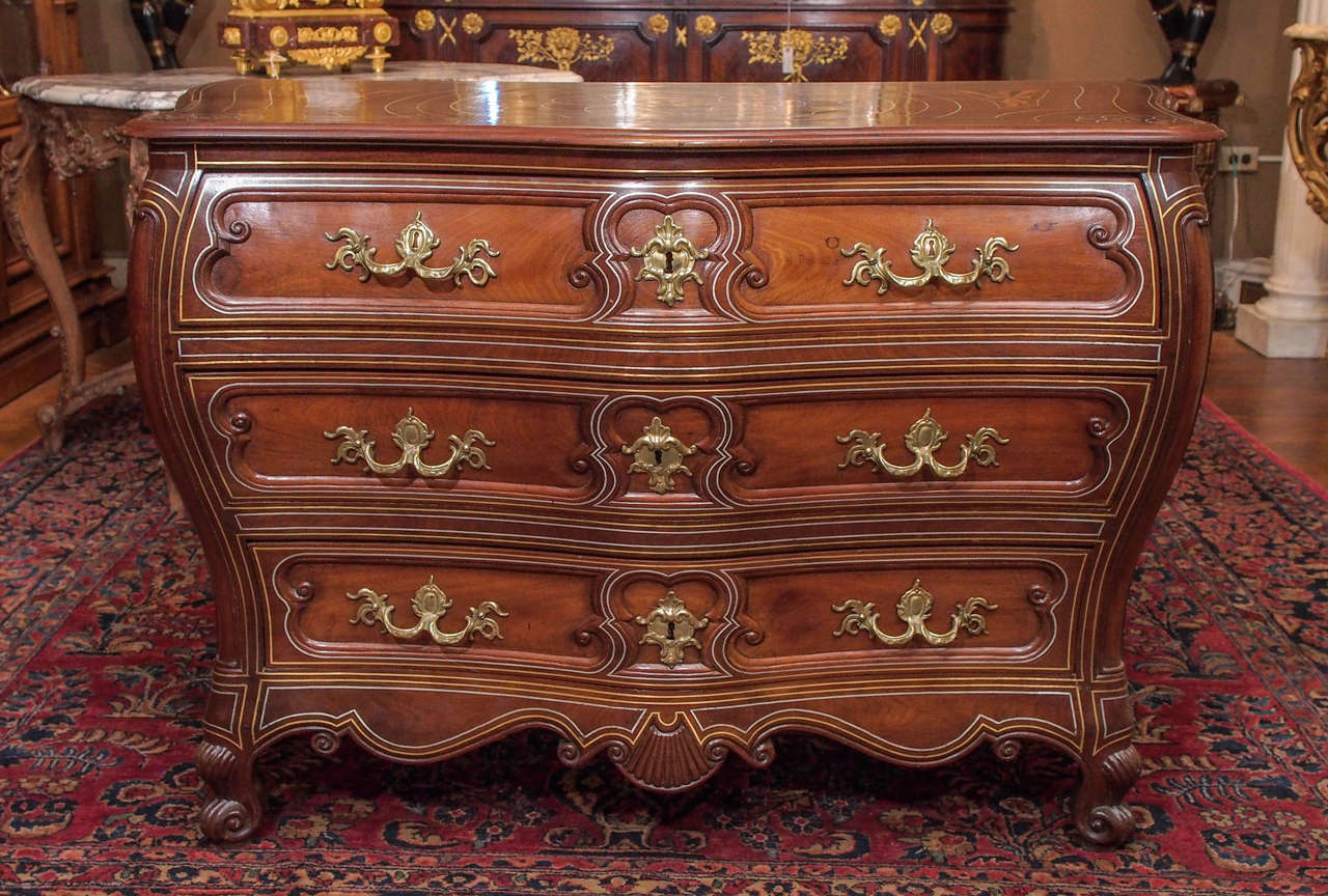 Antique French Provincial Walnut Bombe Chest with Metal Inlay, circa