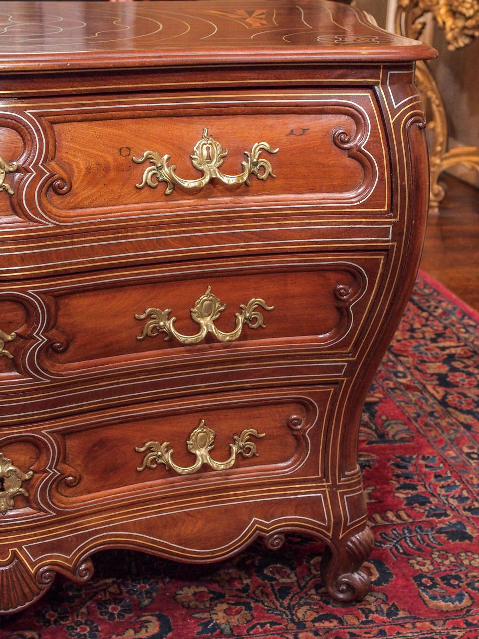 Antique French Provincial Walnut Bombe Chest with Metal Inlay, circa