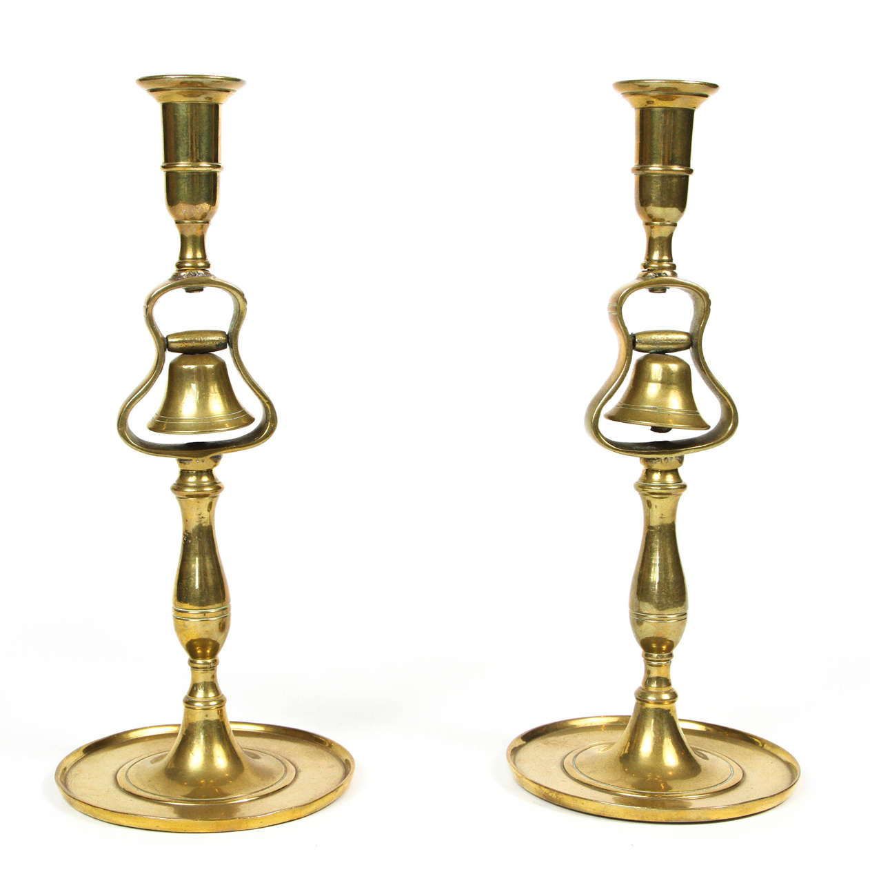 Pair of rare antique English tavern candlesticks with bells. circa 1820 solid brass.