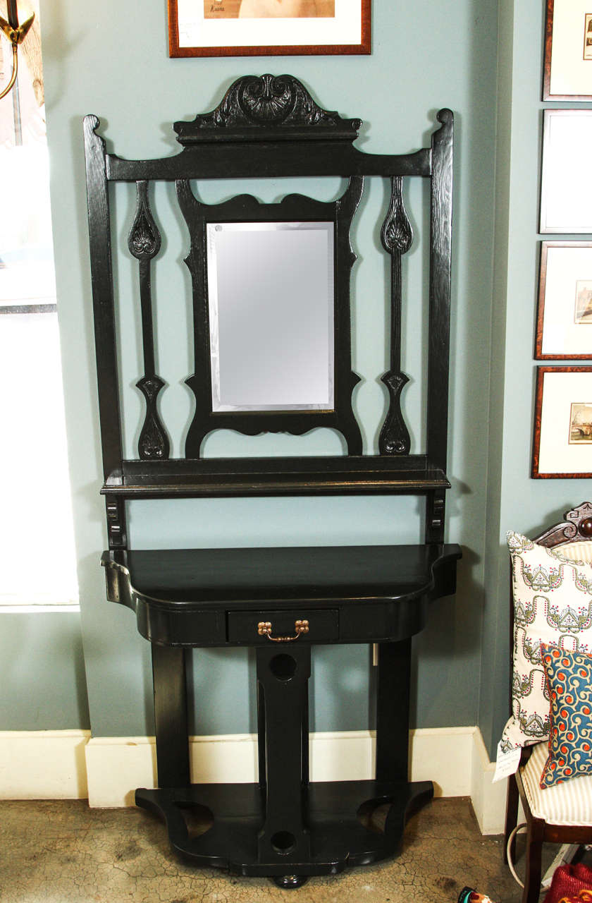Vintage two-piece hall table with mirror and drawer newly painted in Black Forest green. 

Mirror top: 43.5