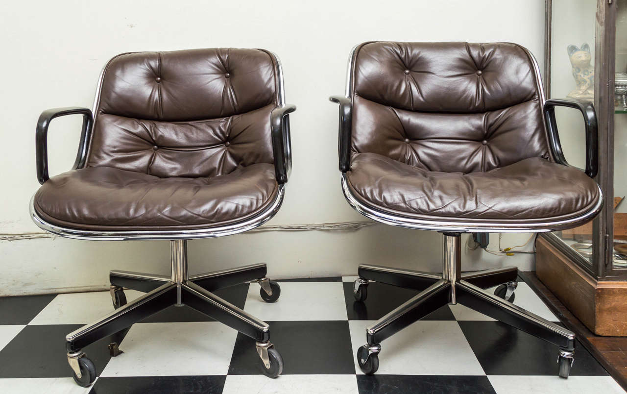 Pair of Knoll Brown Leather Pollock Executive Armchairs