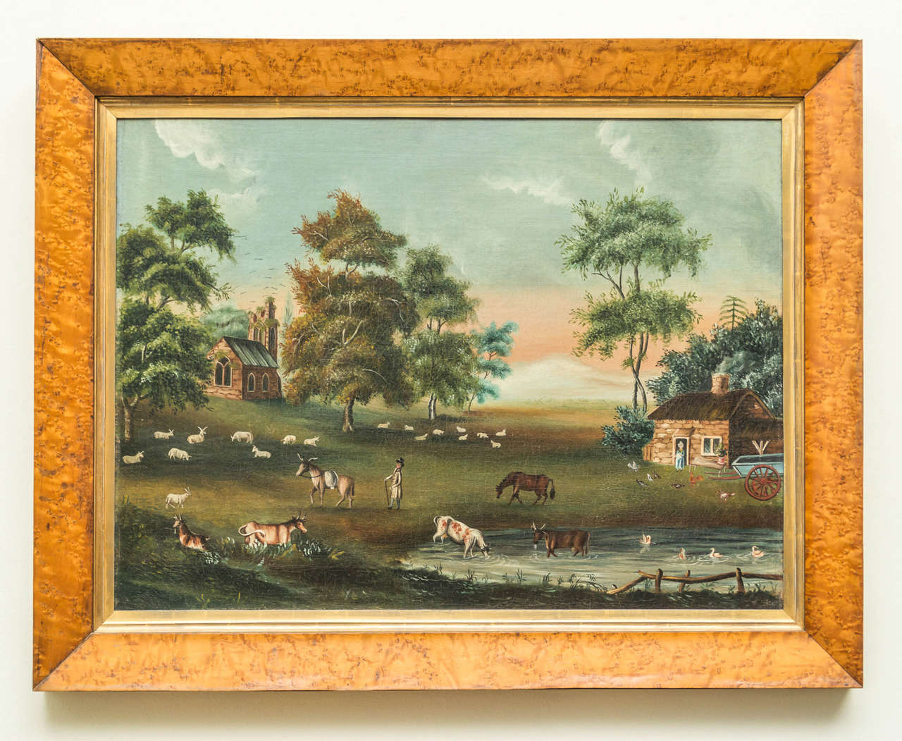 Early 19th century, English naive landscape painting with bird's-eye maple frame. Cleaned and stretched with good aged surface, circa 1825.