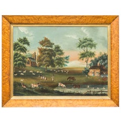 Antique Early 19th Century English Naive Landscape Painting