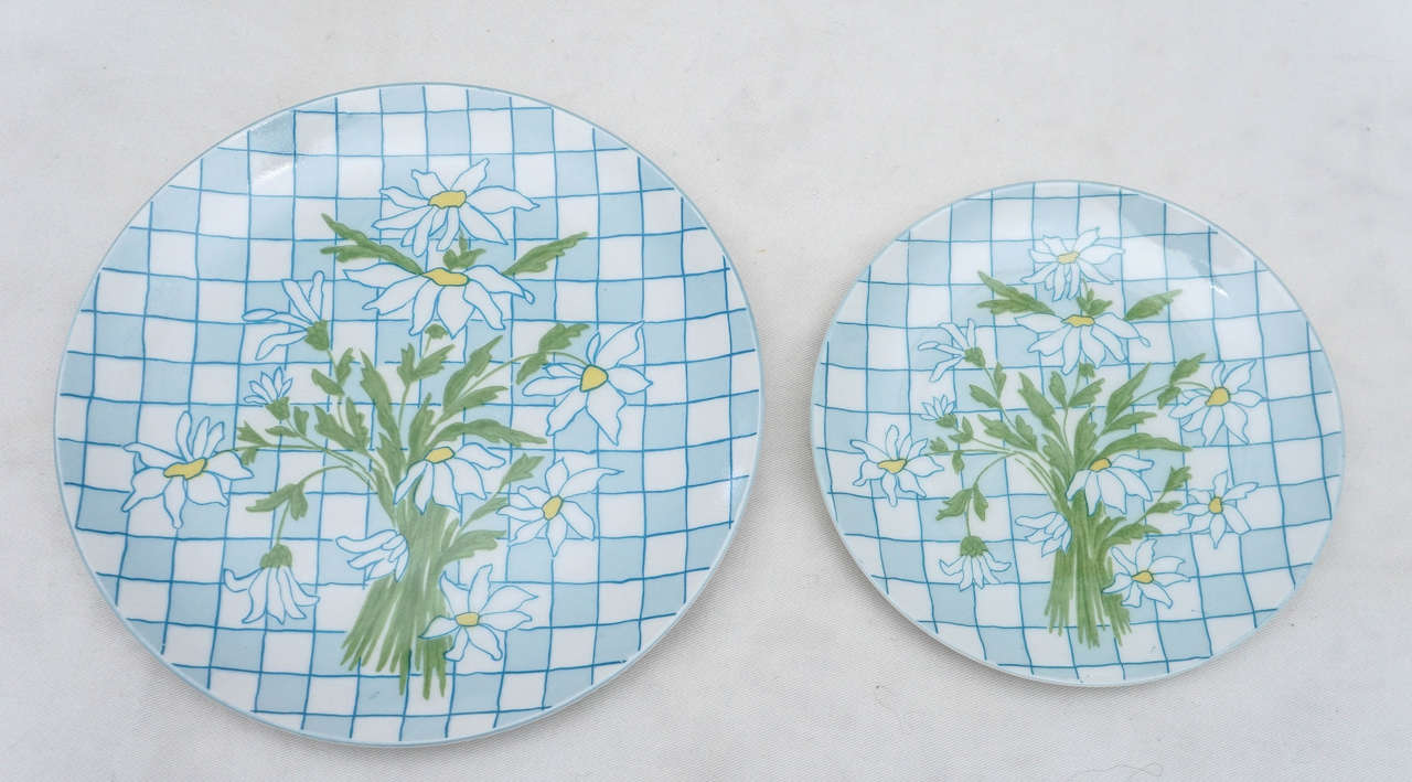 French Daisies and Checkerboard Decorated Porcelain Breakfast Set For Sale