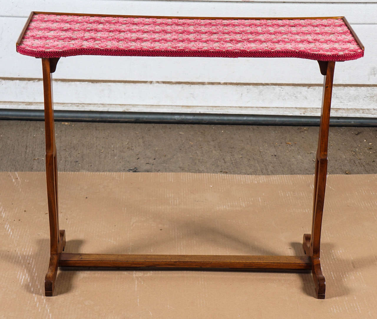 Napoleon III fruitwood sewing table with red and pink cut velvet inset
top.