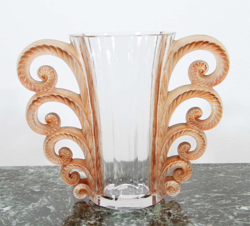 Vase #1069; designed 1931, executed post 1945; clear frosted and russet stained; engraved Lalique and later with R.