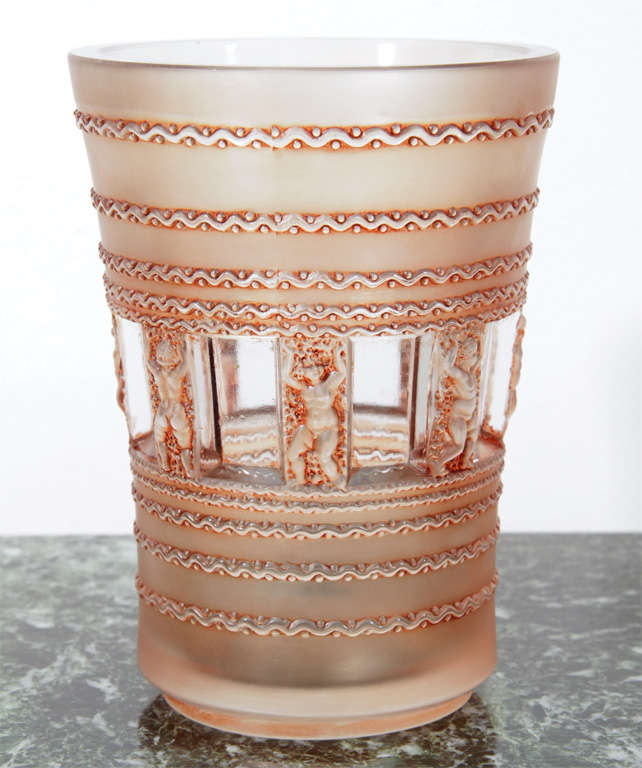 Vase #10-907; designed 1937, executed post 1945; clear, frosted and russet stained; later engraved R. Lalique France.
