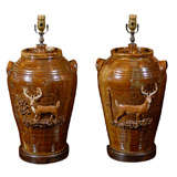 Pair Fabulous Georgia Pottery Vases with Opposing Deer Adapted a