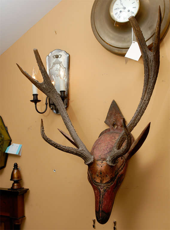 19thC Hand-carved Deer Head With Natural Antlers