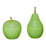 Mid C Covered Green Glass Apple & Pear W/ Gilded Stem