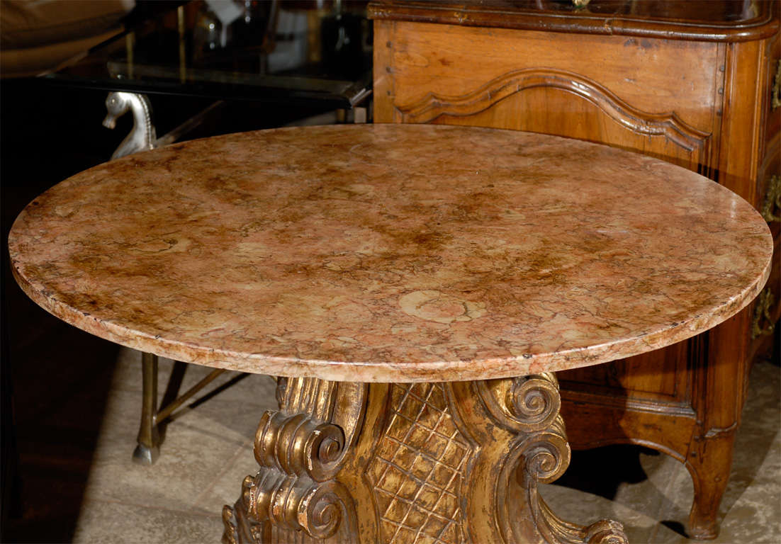 Mid20th Century Italian Carved Giltwood Pedestal Table with Marble Top