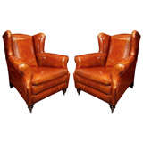 Pair English Brown Leather Library Wing Chairs, c. 1900