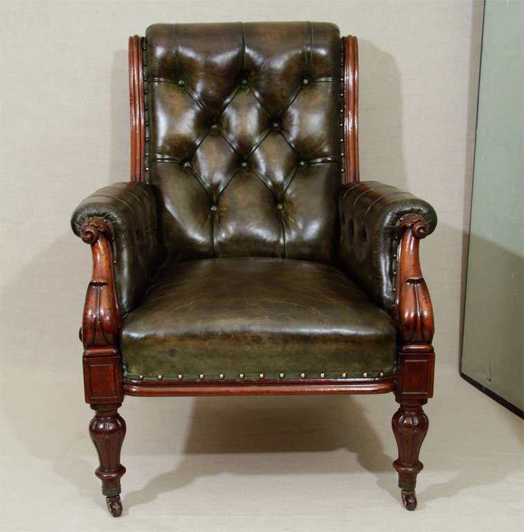 19th Century Wm IV Green Leather Gentleman's Library Chair, England, c. 1840