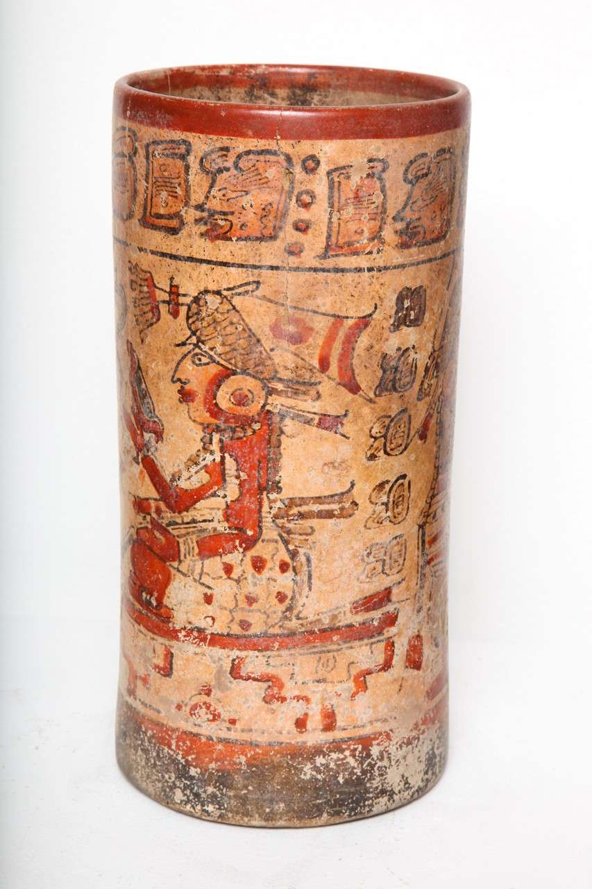 18th Century and Earlier Pre Columbian Maya Pottery Polychrome Painted Ritual Vessel For Sale