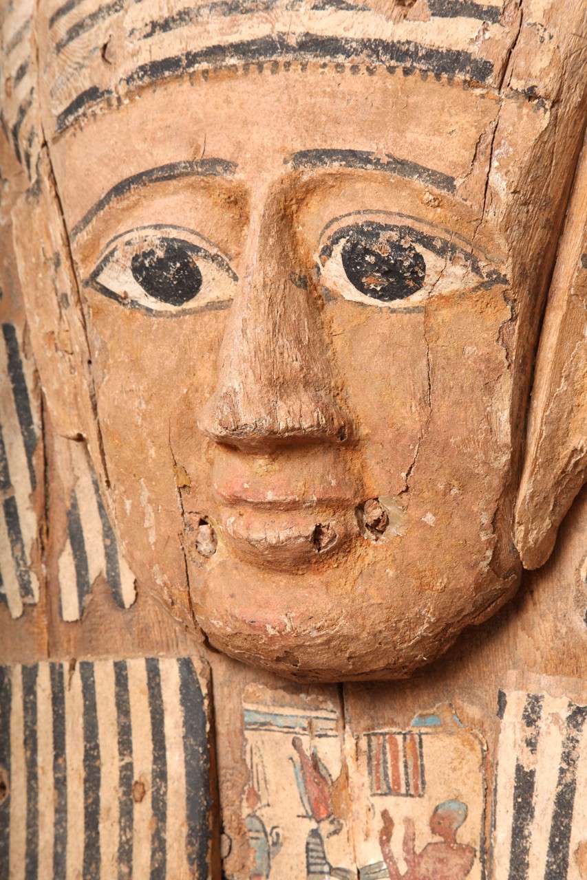 Large Egyptian Wood Carved and Painted Sarcophagus Mask    For Sale 2